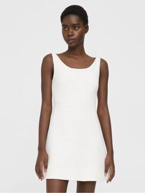 Theory Ballerina Neckline Tweed Mini Dress in Ivory